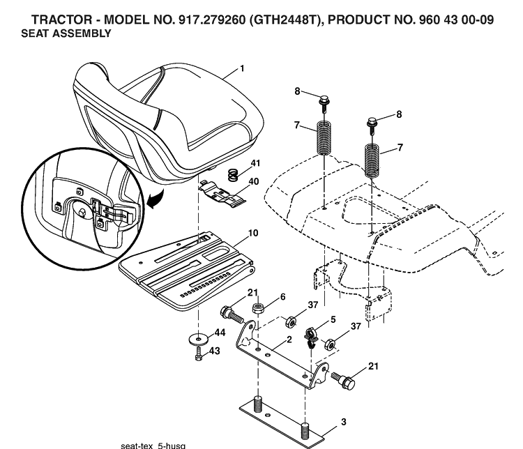 Seat Diagram and Parts List for GTH2448T (917279260)(2006-06) Husqvarna Lawn Tractor