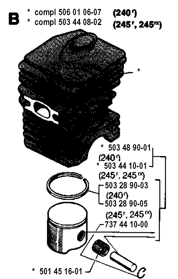 Cylinder Piston Diagram and Parts List for 245RX 19941400001-19962200000 Husqvarna Brush Cutter