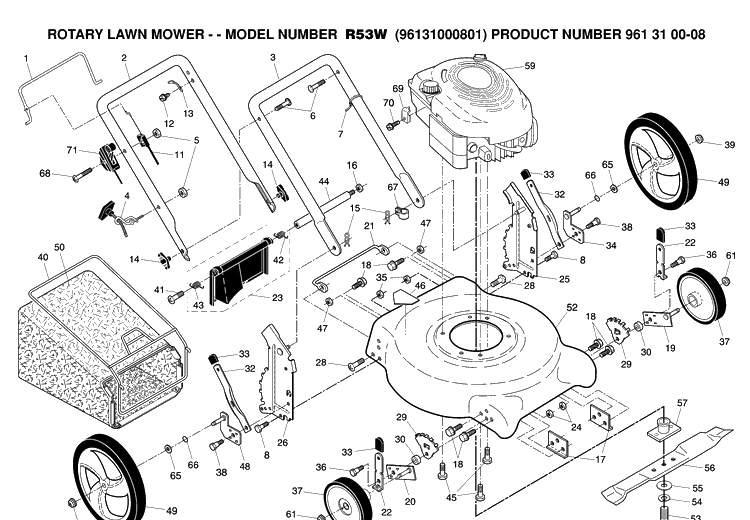 Product Complete Diagram and Parts List for R53W (96131000801)(2006-05) Husqvarna Lawn Mower