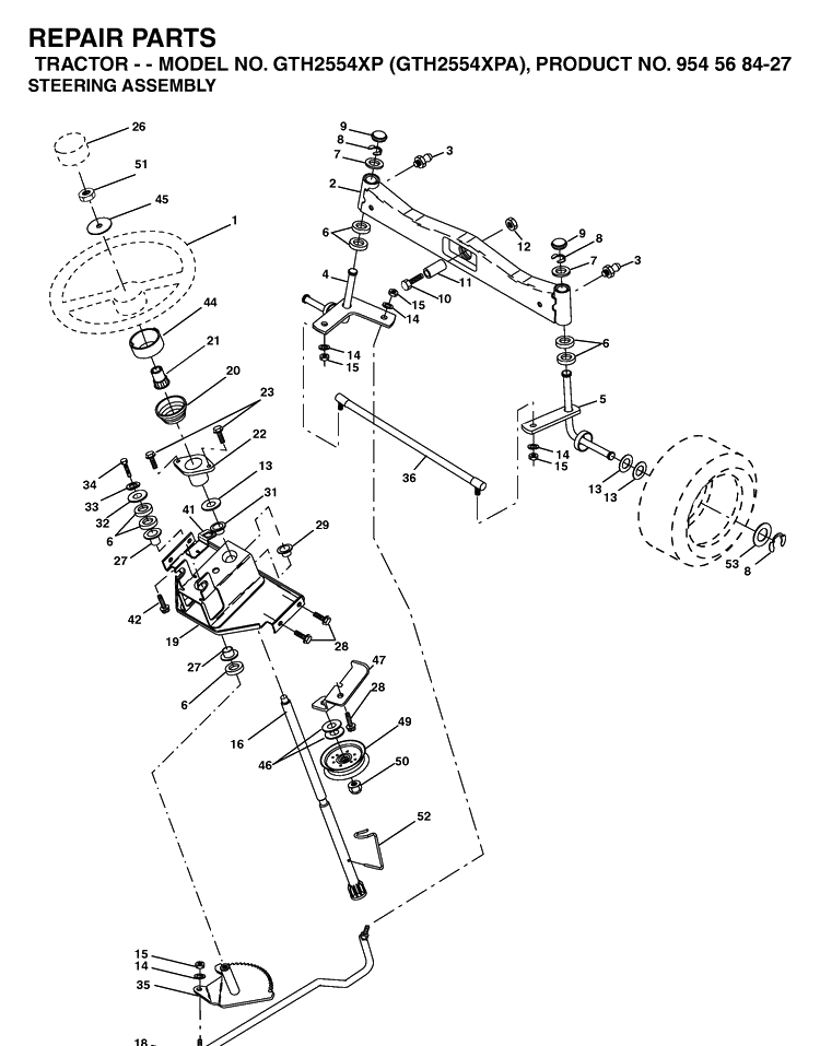 Steering Diagram and Parts List for GTH2554XP-GTH2554XPA 2004-08 Husqvarna Lawn Tractor