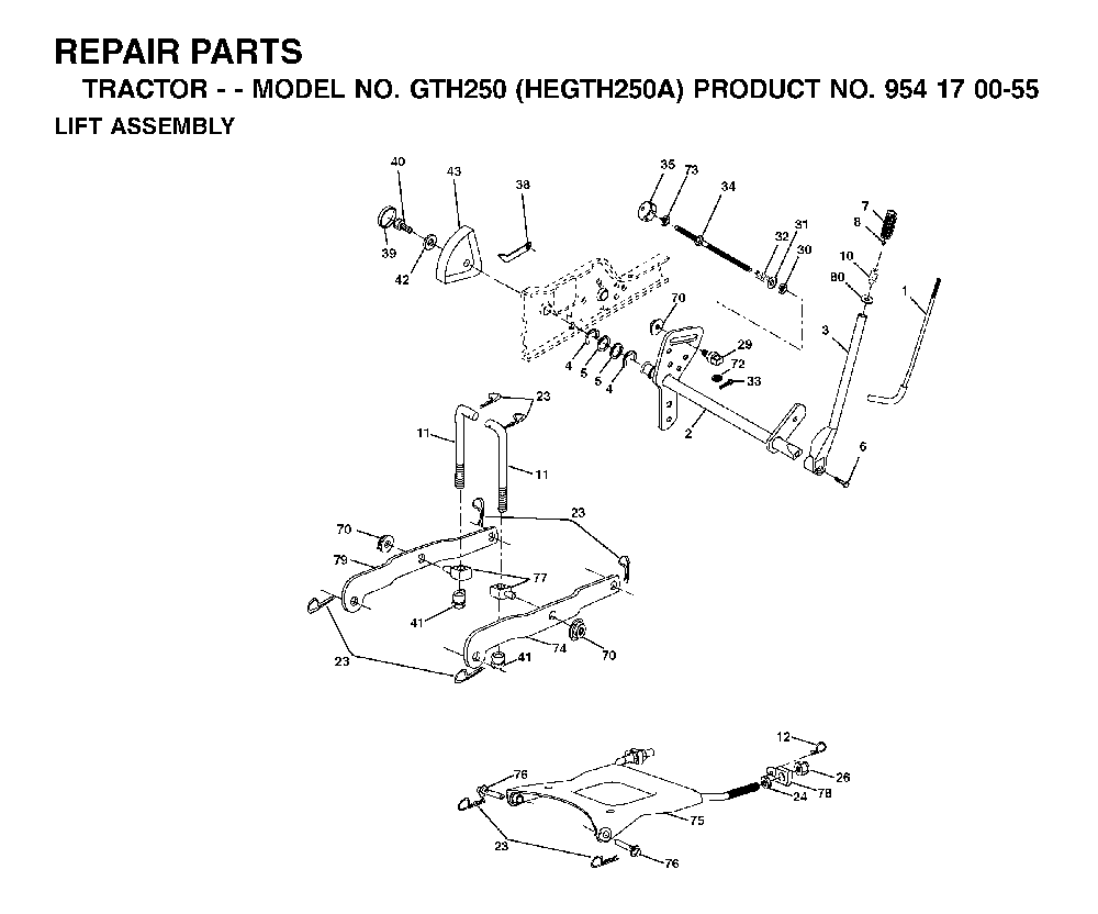 Mower Lift / Deck Lift Diagram and Parts List for GTH250 (HEGTH250A, 954170055)(2002-03) Husqvarna Lawn Tractor