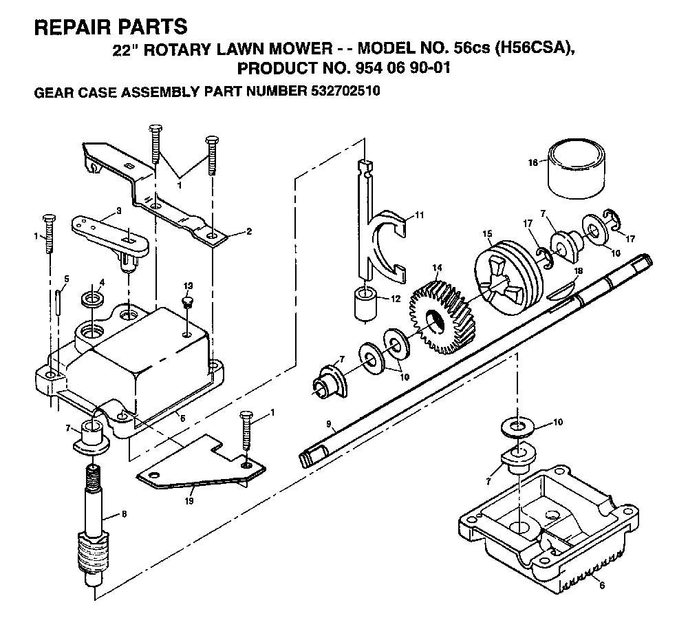 Gear Case Diagram and Parts List for 56CS (H56CSA, 954069001)(1994-01) Husqvarna Lawn Mower