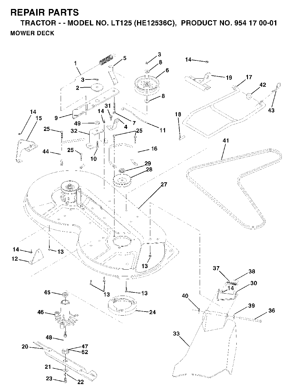 Mower Deck / Cutting Deck Diagram and Parts List for LT125 (HE12536C, 954170001)(1996-01) Husqvarna Lawn Tractor