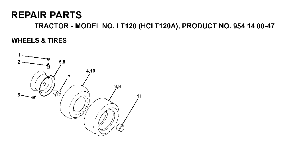 Wheels And Tires Diagram and Parts List for LT120 (HCLT120A, 954140047)(1998-01) Husqvarna Lawn Tractor