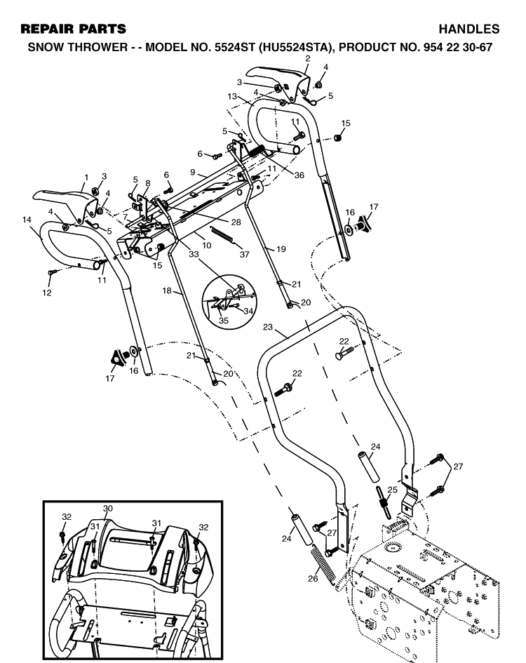 Handle And Controls Diagram and Parts List for 5524ST (HU5524STA)(2002-09) Husqvarna Snow Blower