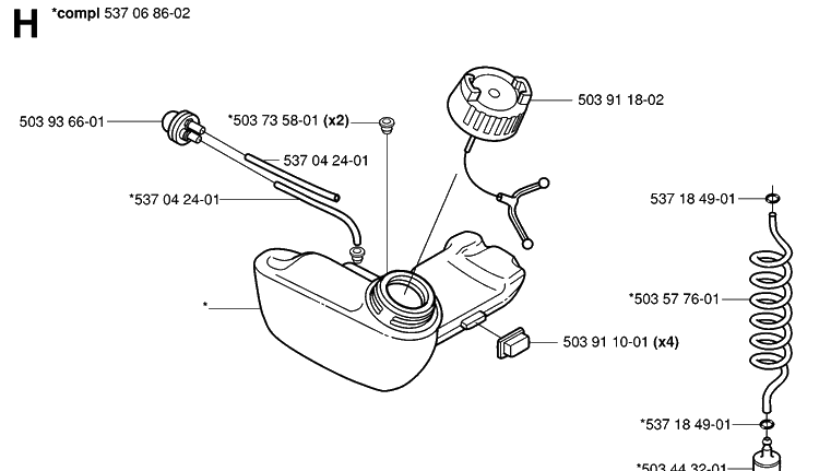 Fuel Tank Diagram and Parts List for HA110 20040100001-20054000000 Husqvarna Hedge Trimmer