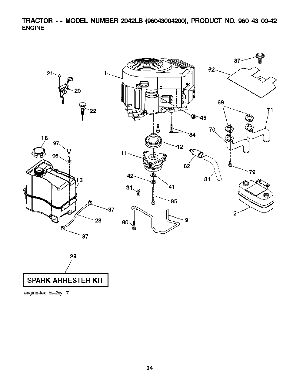Engine Diagram and Parts List for 2042LS (96043004200)(2008-01) Husqvarna Lawn Tractor