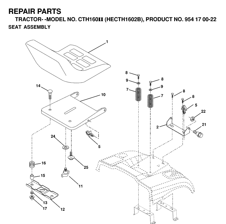 Seat Diagram and Parts List for CTH160II (HECTH1602B)(2000-02) Husqvarna Lawn Tractor