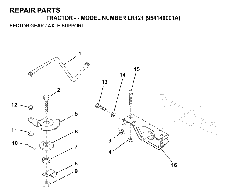 Sector Gear / Axle Support Diagram and Parts List for LR121 (954140001A)(1997-01) Husqvarna Lawn Tractor