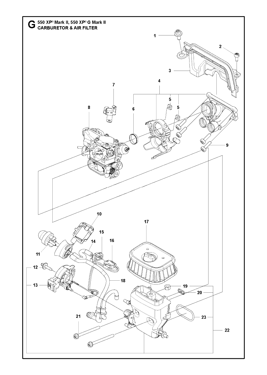 Carburetor And Air Filter Diagram and Parts List for 550XP-XPG Mark II Husqvarna Chainsaw