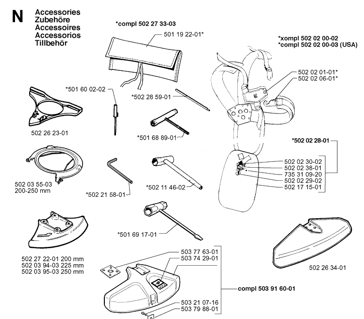 Accessories Diagram and Parts List for 250RX 19973100001-Current Husqvarna Brush Cutter