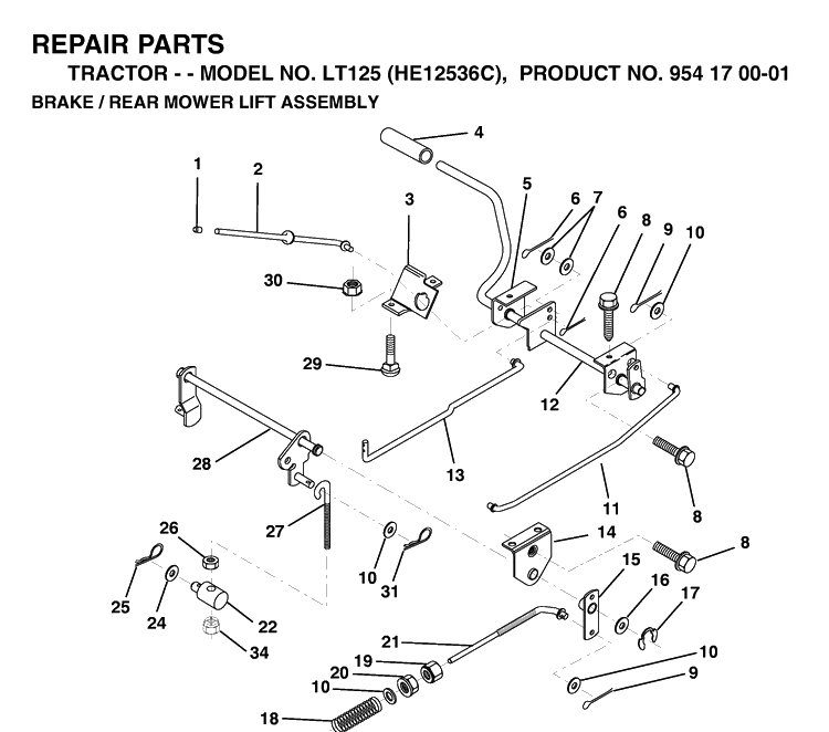 Brake / Rear Mower Lift Diagram and Parts List for LT125 (HE12536C)(1998-03) Husqvarna Lawn Tractor