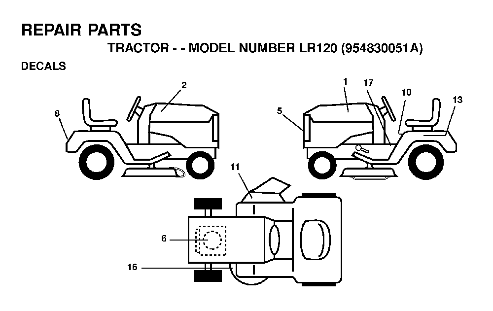 Decals Diagram and Parts List for LR120 (954830051A)(1995-08) Husqvarna Lawn Tractor