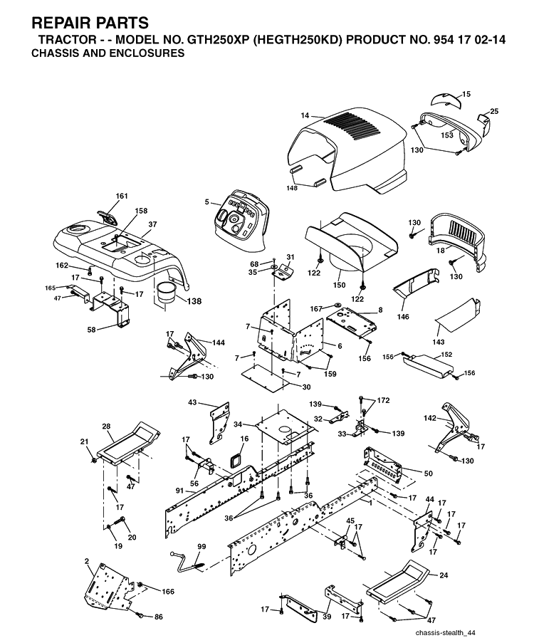 Chassis And Enclosures Diagram and Parts List for GTH250XP (HEGTH250KD)(2004-09) Husqvarna Lawn Tractor