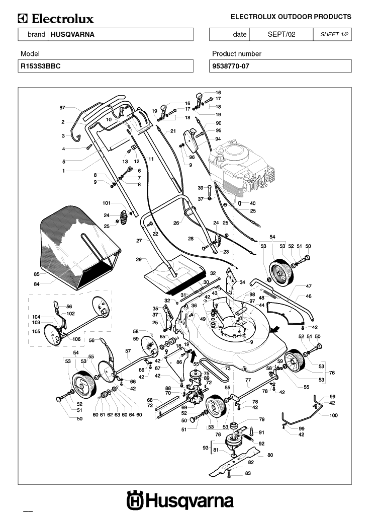 Product Complete Diagram and Parts List for ROYAL153 (953877007)(2002-10) Husqvarna Lawn Mower