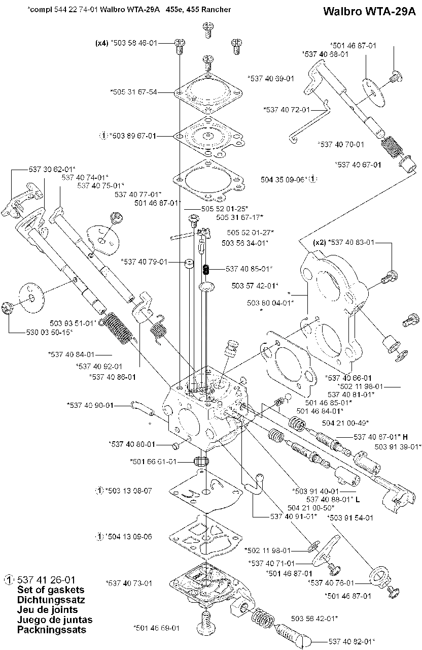Carburetor Parts Walbro Wta-29a Diagram and Parts List for 455ERANCHER 2007-01 Husqvarna Chainsaw
