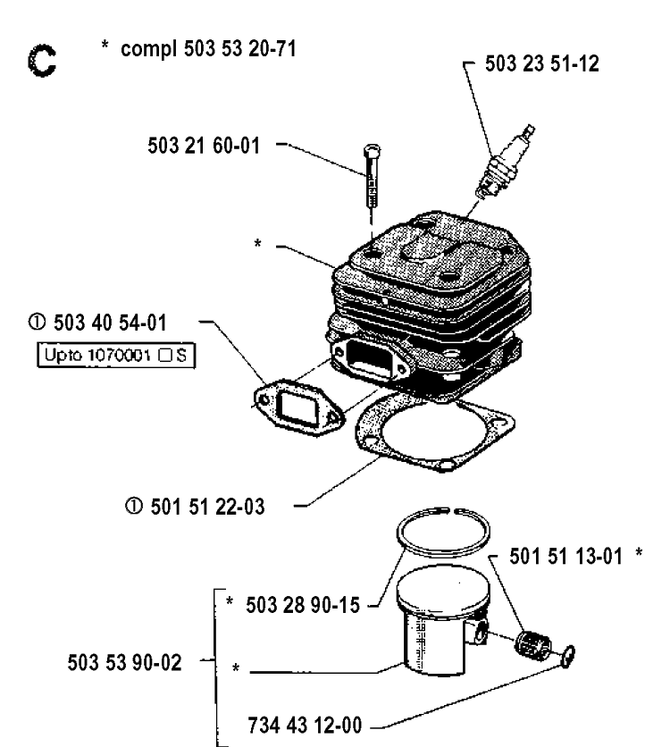Cylinder Piston Diagram and Parts List for 61 19910900001-19933600000 Husqvarna Chainsaw