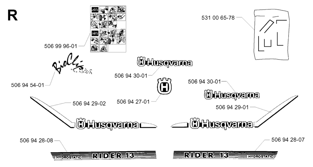 Decals Diagram and Parts List for R13BIO 2001-01 Husqvarna Lawn Tractor