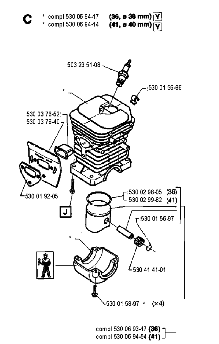 Cylinder Piston Diagram and Parts List for 36 19941800001-Current Husqvarna Chainsaw
