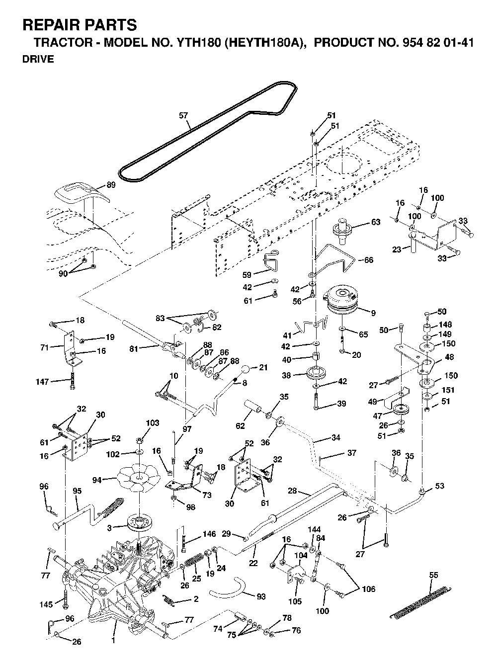 Drive Diagram and Parts List for YTH180 (HEYTH180A, 954820141)(1998-12) Husqvarna Lawn Tractor