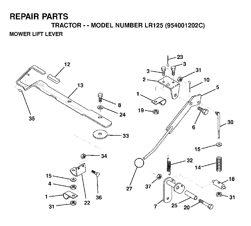 Mower Lift Lever Diagram and Parts List for LR125 (954001202C)(1995-03) Husqvarna Lawn Tractor