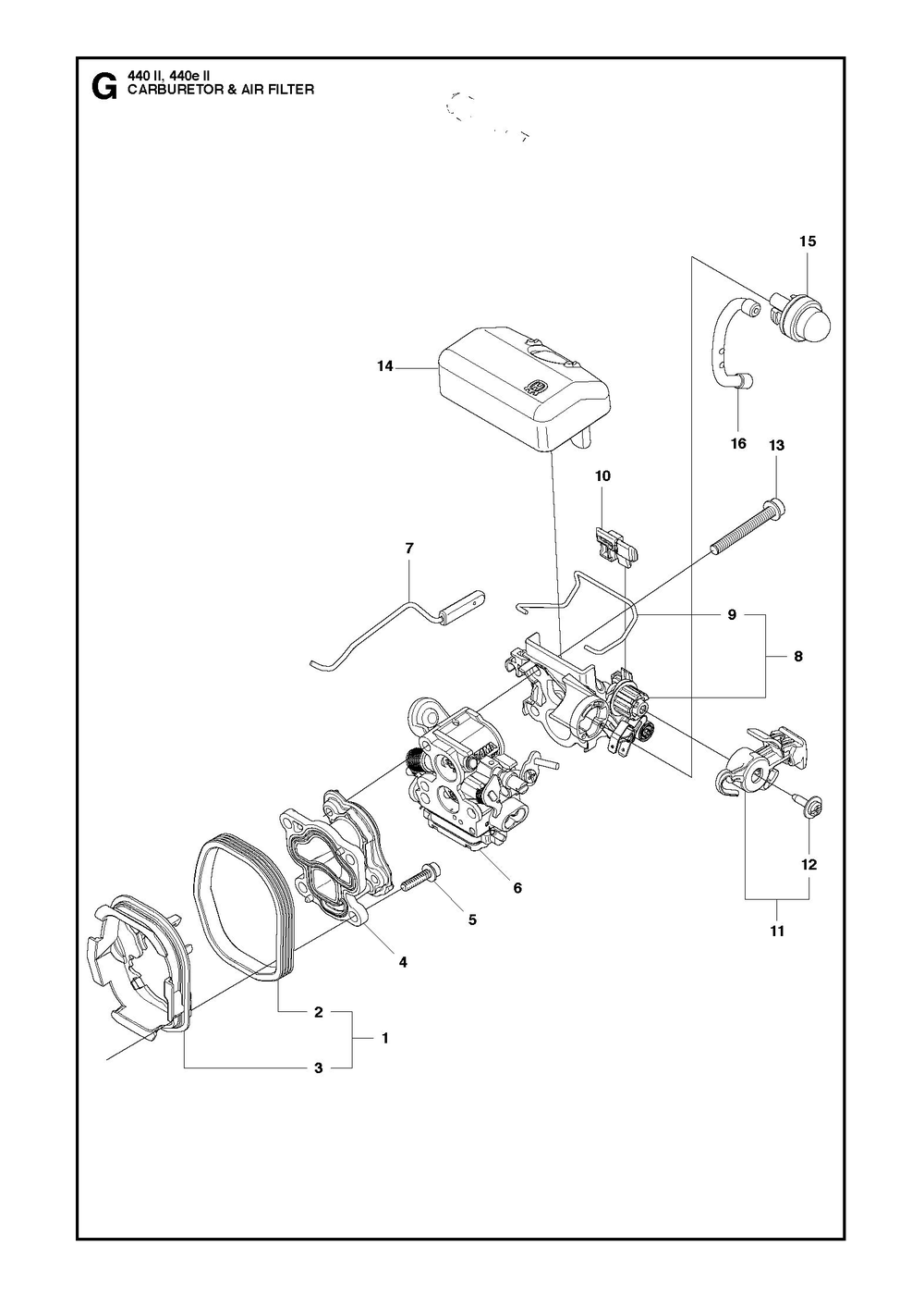 Carburetor And Air Filter Diagram and Parts List for 440 e-series II Husqvarna Chainsaw