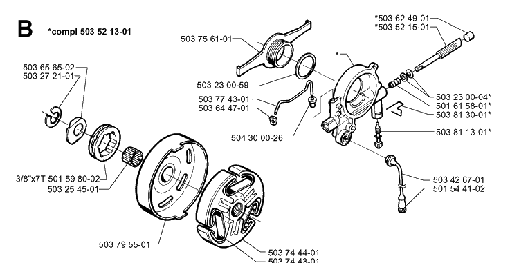 Clutch And Oil Pump Diagram and Parts List for 371XP 19960900001-19963500000 Husqvarna Chainsaw