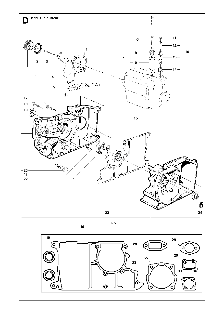 Crankcase Diagram and Parts List for K650CUT-N-BREAK 2007-10 Husqvarna Circular Saw