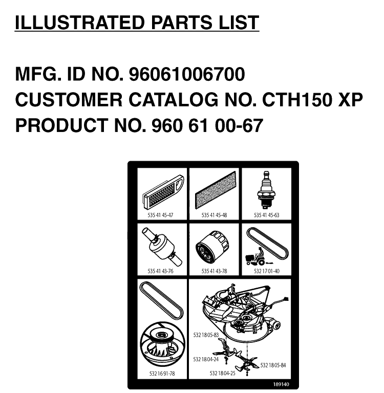 Frequently Used Parts Diagram and Parts List for CTH150XP (96061006700)(2006-03) Husqvarna Lawn Tractor