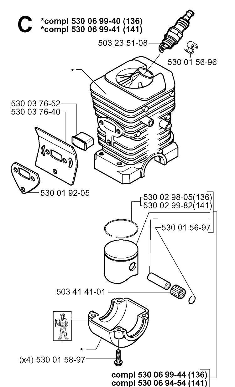 Cylinder Piston Diagram and Parts List for 141 20013500001-20030100000 Husqvarna Chainsaw