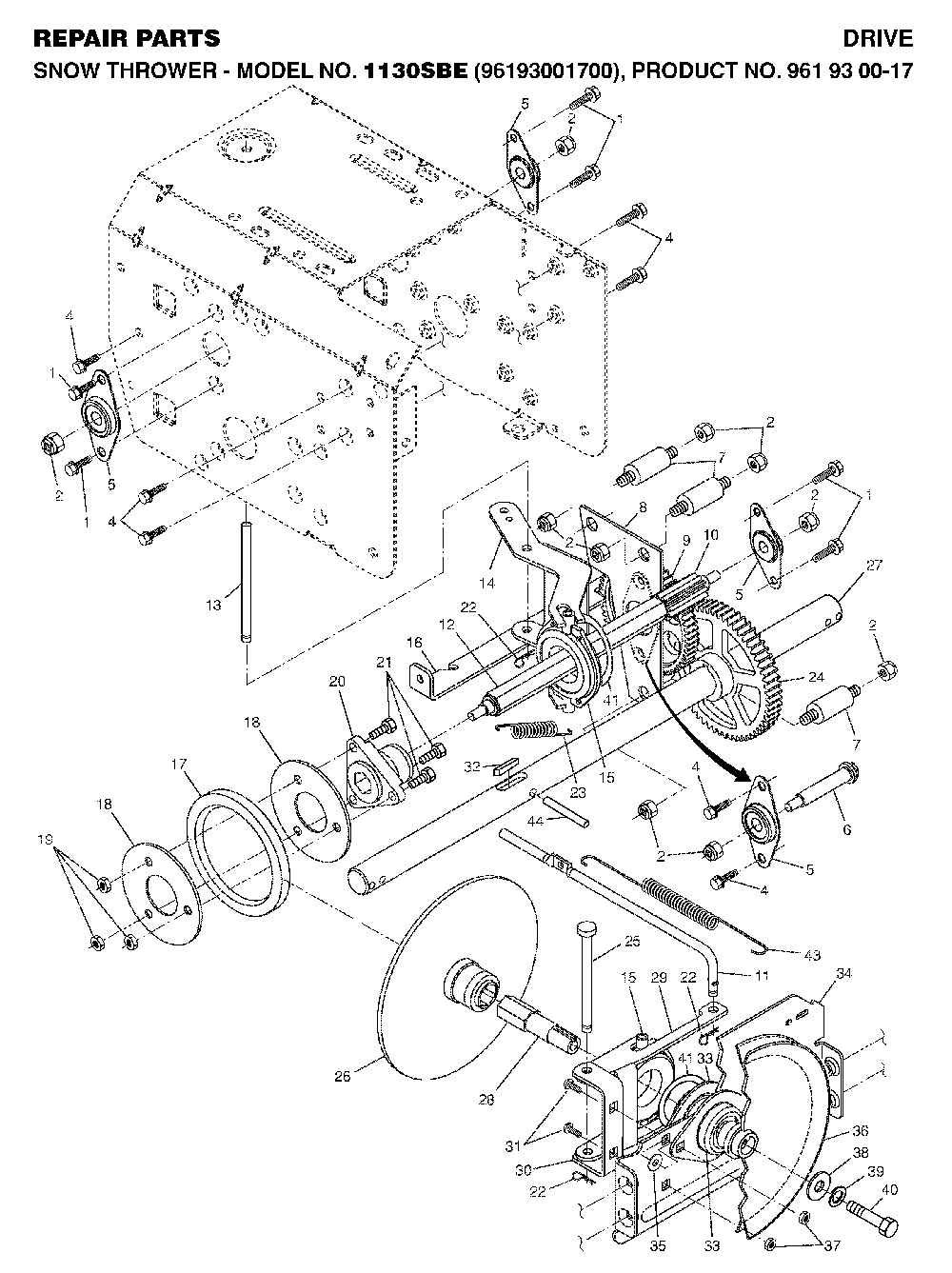Drive Diagram and Parts List for 1130SBE (96193001700, 961930017)(2006-08) Husqvarna Snow Blower