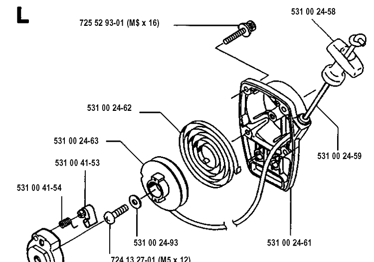 Starter Diagram and Parts List for 125L 19931400001-20053600000 Husqvarna Edger