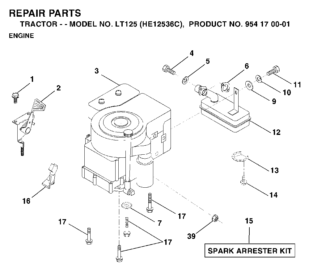 Engine Diagram and Parts List for LT125 (HE12536C, 954170001)(1996-01) Husqvarna Lawn Tractor