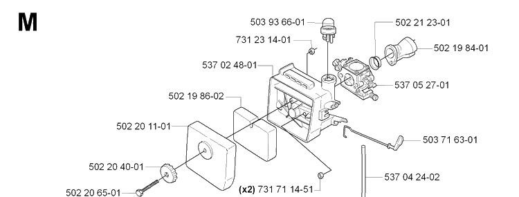 Carburetor And Air Filter Diagram and Parts List for 232L 20070100001-Current Husqvarna Edger