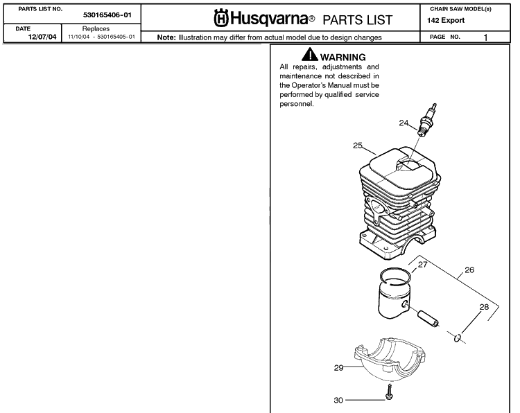 Cylinder Piston Diagram and Parts List for 142 20050100001-20064900000 Husqvarna Chainsaw