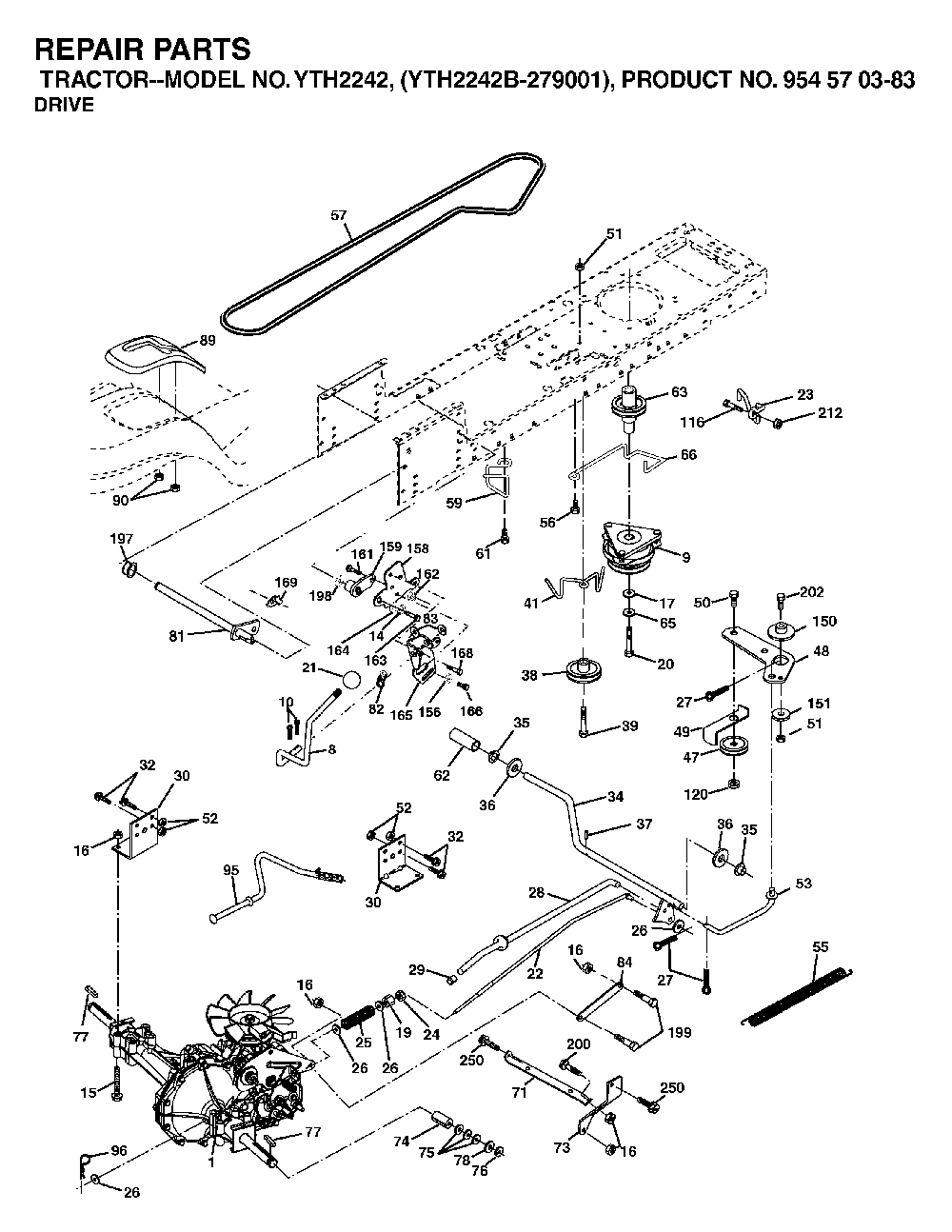 Drive Diagram and Parts List for YTH2242B (954570383)(2003-01) Husqvarna Lawn Tractor