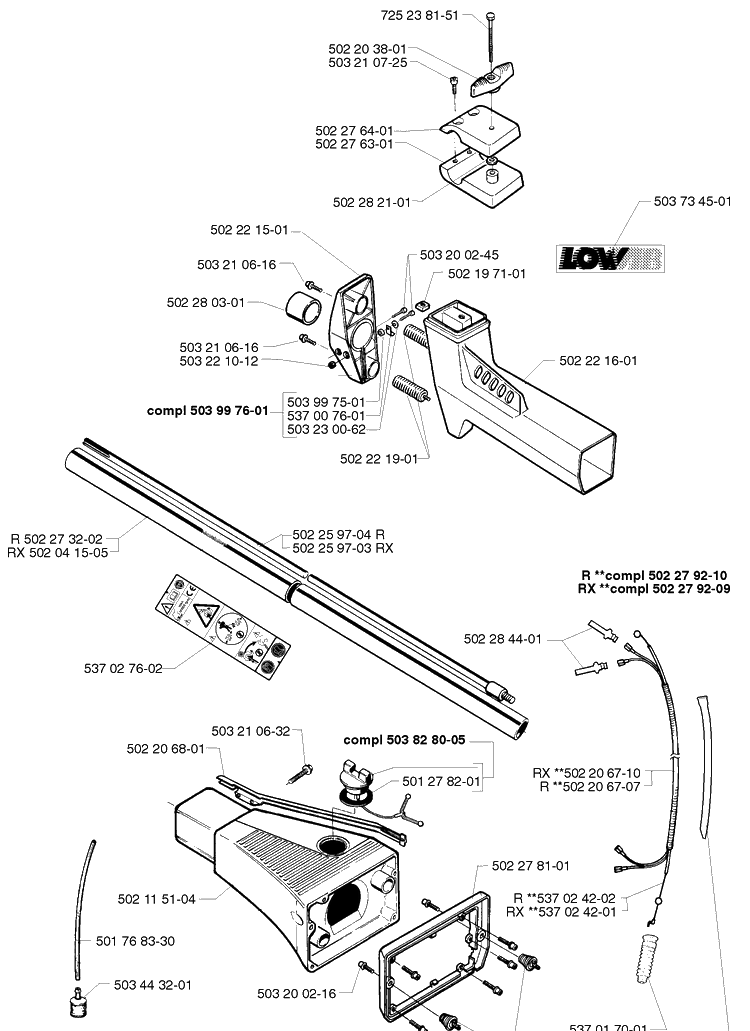 Tube Assembly Diagram and Parts List for 250R 1999-04 Husqvarna Brush Cutter