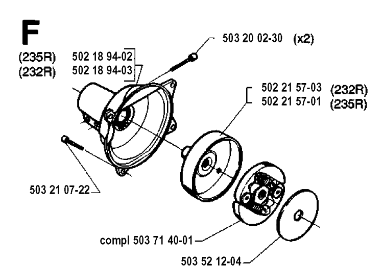 Clutch Diagram and Parts List for 232R 19940600001-19954500000 Husqvarna Brush Cutter
