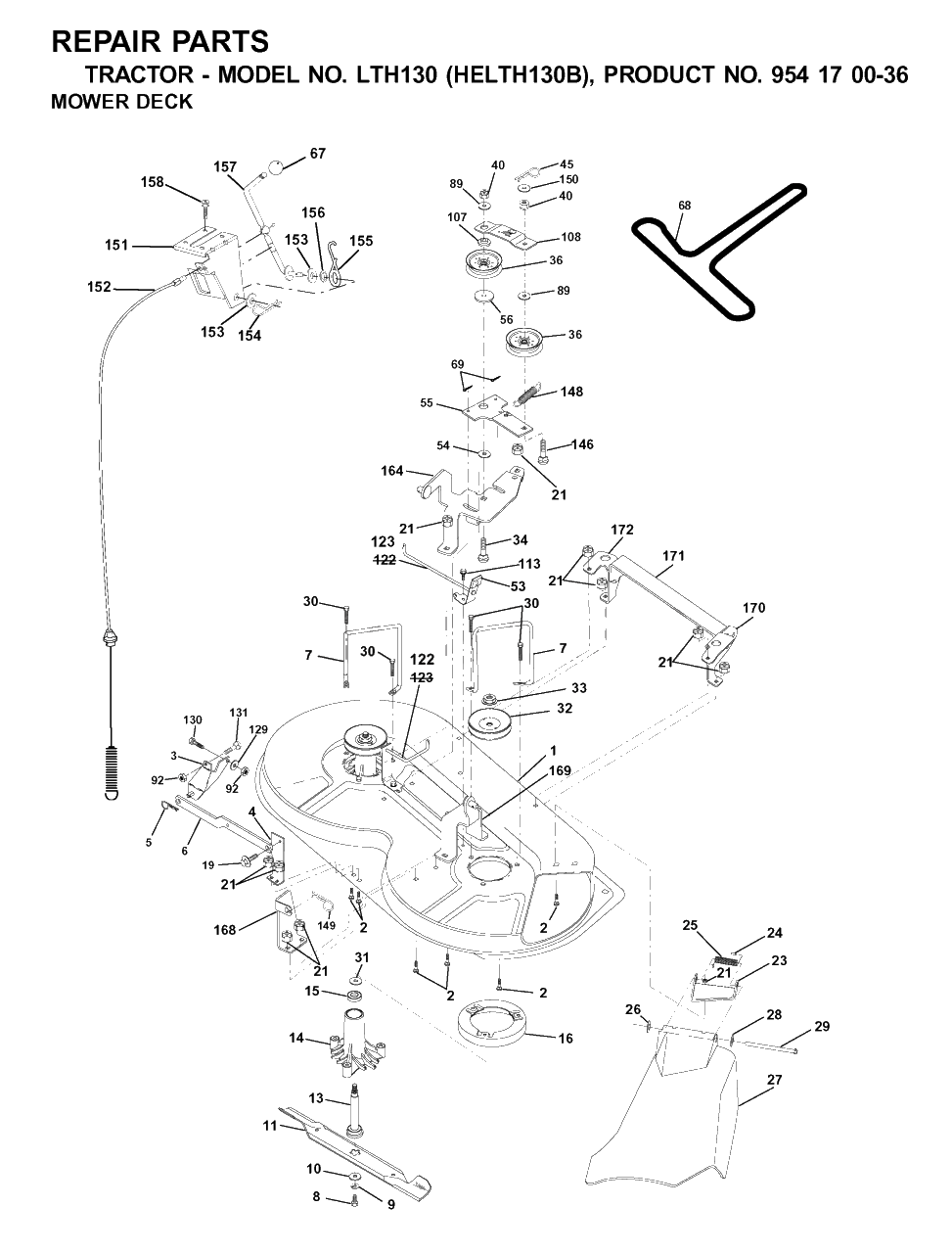 Mower Deck / Cutting Deck Diagram and Parts List for LTH130 (954170036-B)(2001-09) Husqvarna Lawn Tractor
