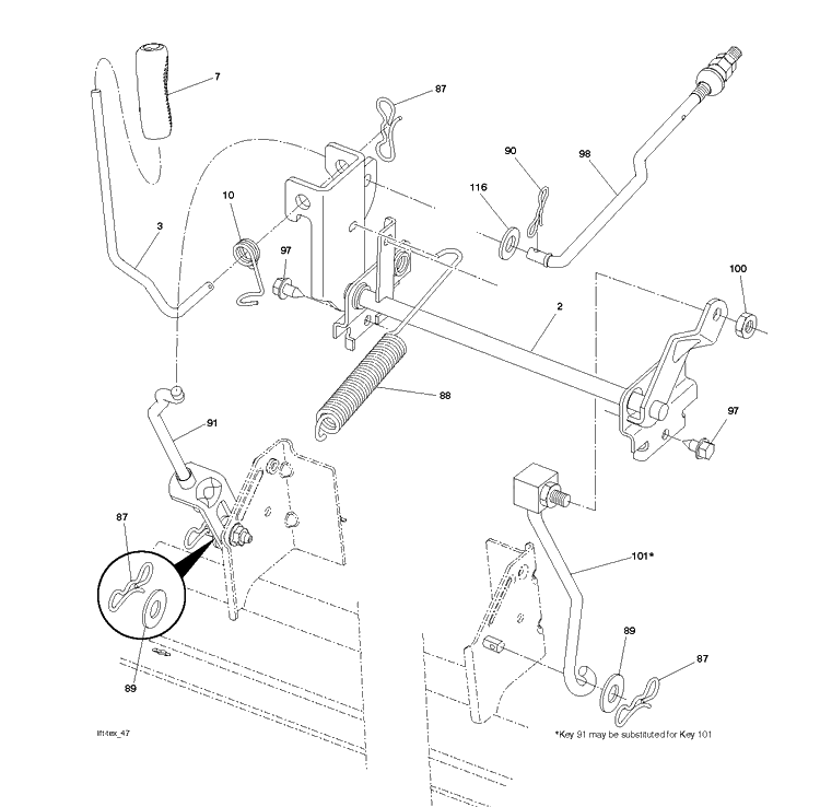 Mower Lift Lever Diagram and Parts List for YTH1842-223810 2017-12 Husqvarna Lawn Tractor