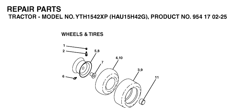 Wheels And Tires Diagram and Parts List for YTH1542XP (HAU15H42G)(2004-09) Husqvarna Lawn Tractor