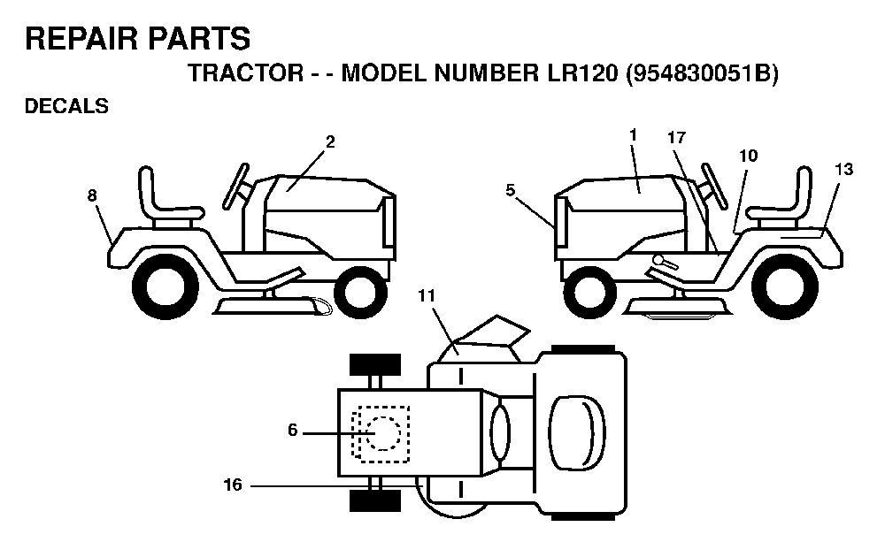 Decals Diagram and Parts List for LR120 (954830051B)(1996-05) Husqvarna Lawn Tractor