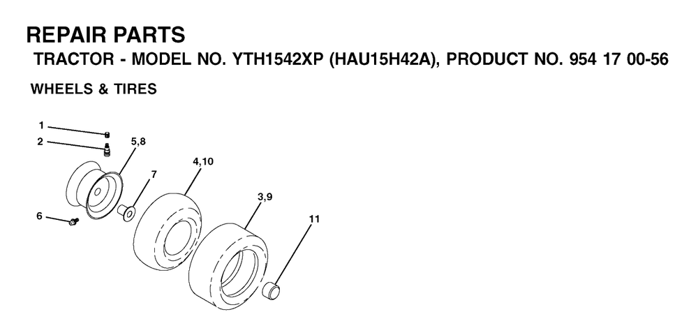 Wheels And Tires Diagram and Parts List for YTH1542XP (954170056-A)(2003-01) Husqvarna Lawn Tractor