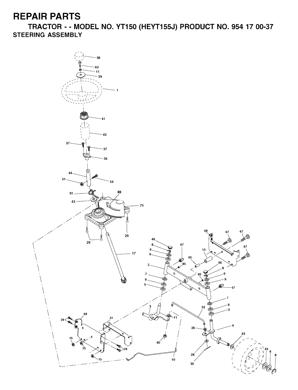 Steering Diagram and Parts List for YT150 (954170037-J)(2001-09) Husqvarna Lawn Tractor