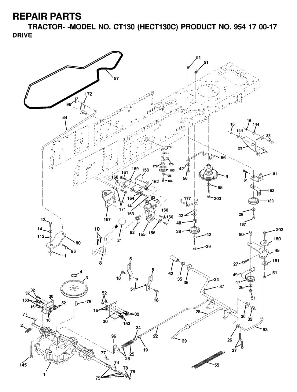 Drive Diagram and Parts List for CT130 (954170017-C)(2000-03) Husqvarna Lawn Tractor
