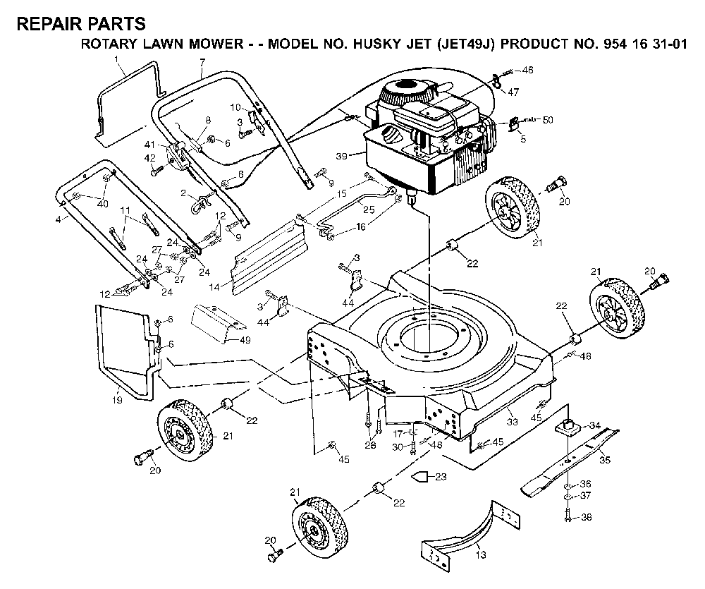 Product Complete Diagram and Parts List for JET49J (954163101)(2000-02) Husqvarna Lawn Mower