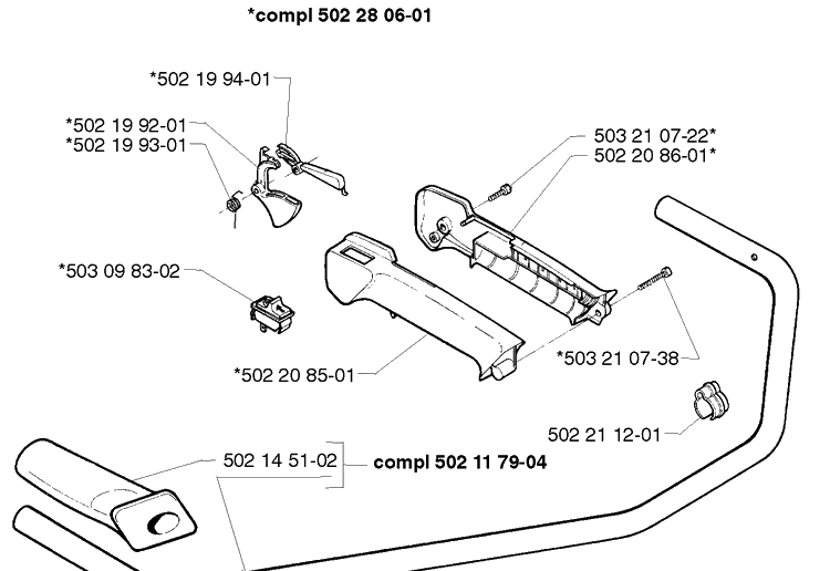 Handle Assembly Diagram and Parts List for 250R 1999-04 Husqvarna Brush Cutter