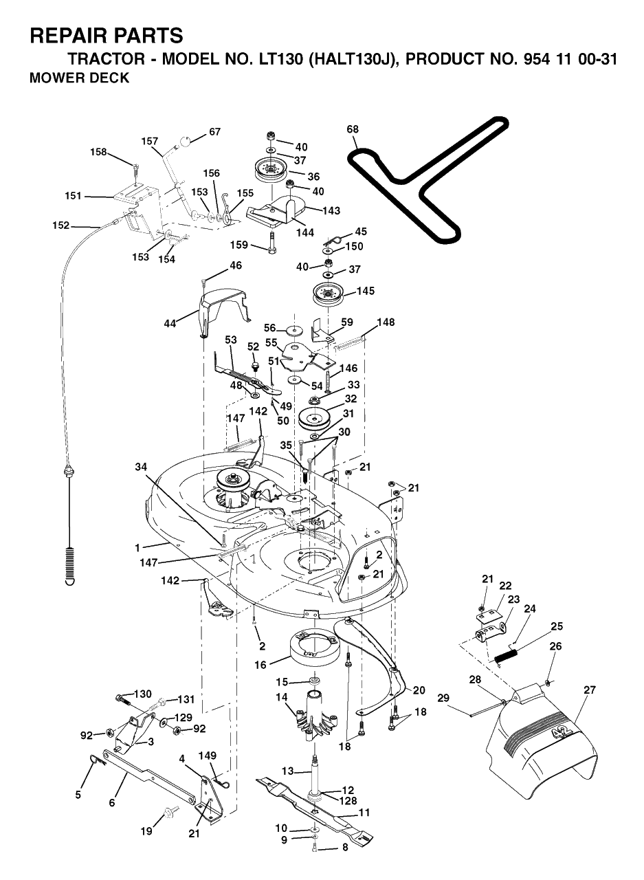 Mower Deck / Cutting Deck 2 Diagram and Parts List for LT130 (954110031-J)(2003-01) Husqvarna Lawn Tractor