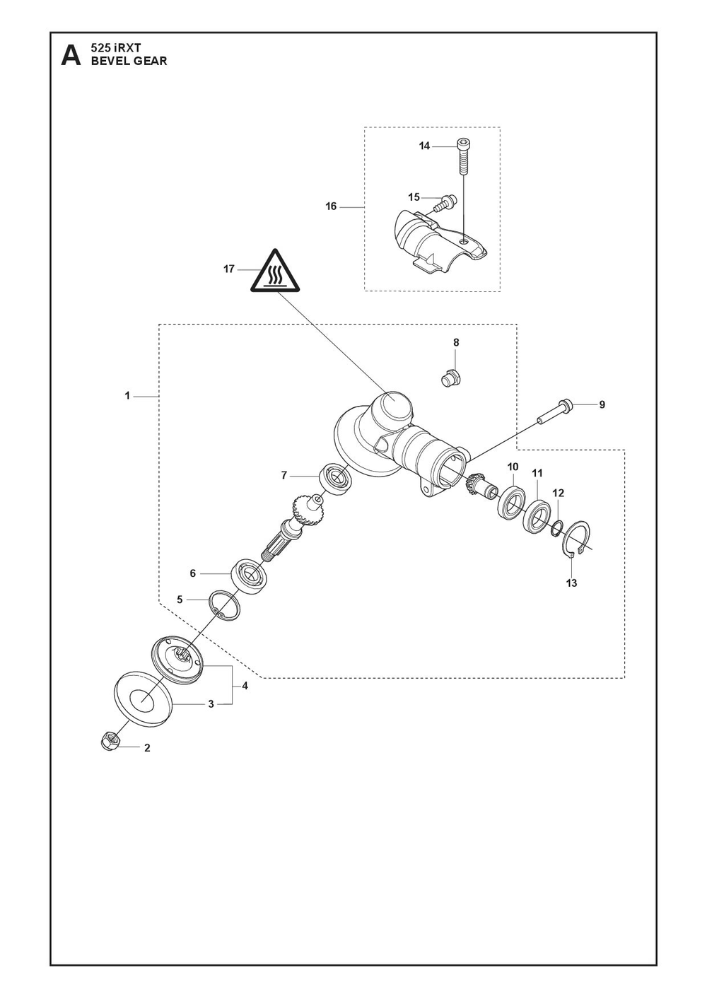 Bevel Gear Diagram and Parts List for 525IRXT  Husqvarna Brush Cutter