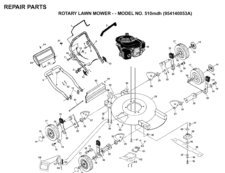 Product Complete Diagram and Parts List for 510 (954140053A)(1999-03) Husqvarna Lawn Mower